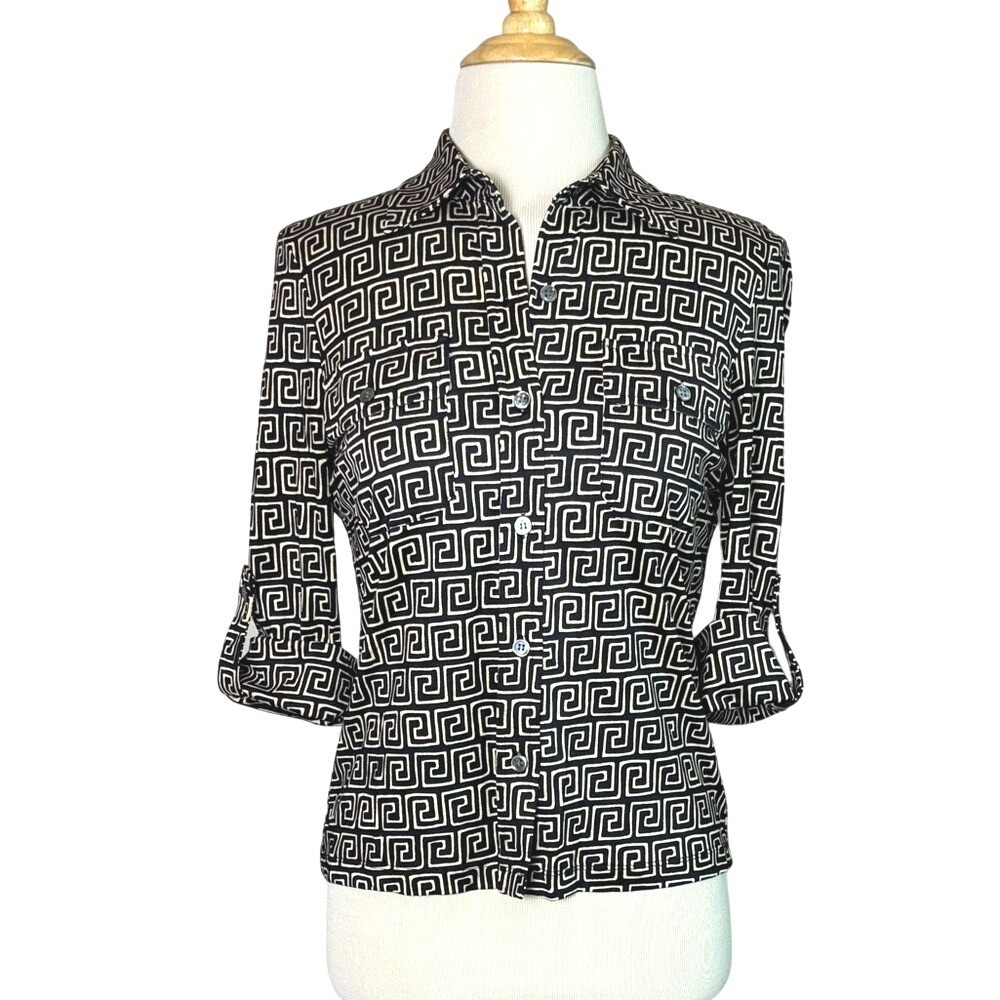 J. MCLAUGHLIN‎ XS Stretch Silk Geometric Print Button Up Roll Tab Top Office